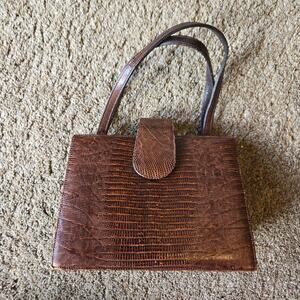 Vintage Bellestone Mini Top Handle Purse Bag Lizard Reptile Leather Brown